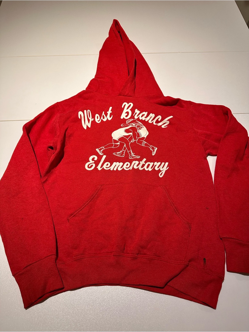 Jerzees Red Hooded Sweatshirt with White Graphic